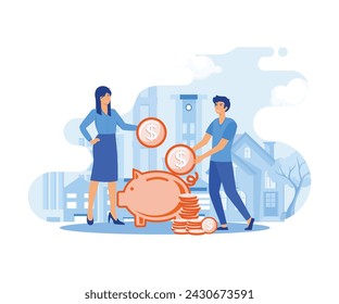 Married Couple Save Coins in Piggy Bank. Family Budget, Home Savings and Investment Money. Future Financial Planning. flat vector modern illustration 