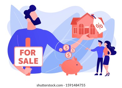 Married couple searching home. Realtor offering property with discount. House for sale, selling house best deal, real estate agent services concept. Pinkish coral bluevector isolated illustration