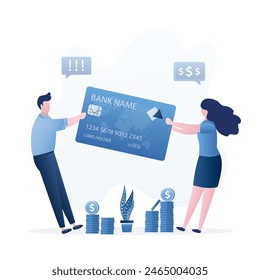 Married couple shares credit card, family budget. Shared money, conflict over financial spending. Disagreement with expenses. Husband and wife pull plastic card in different directions. Flat vector