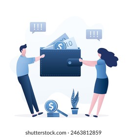 Married couple shares the family budget. Shared money, conflict over financial spending. Disagreement with expenses. Husband and wife pull wallet in different directions. Flat vector illustration