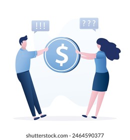 Married couple shares huge dollar coin, family budget. Shared money, conflict over financial spending. Disagreement with expenses. Husband and wife pull cash money in different directions. Flat vector