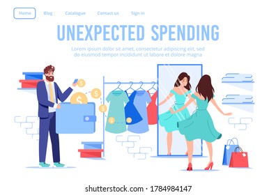 Married couple shopping at female online clothes fashion boutique. Husband paying using e-wallet mobile application on unexpected spending. Wife dressing front of mirror. Wireless payment, credit