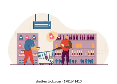 Married couple shopping at grocery store. Cartoon male character putting item into cart, woman checking list of products flat vector illustration. Shopping, family concept for banner, website design