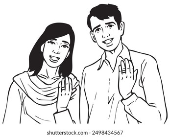 Married couple show their rings. Illustration in black and white format vector.