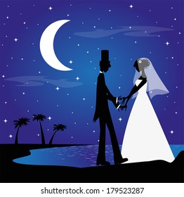 married couple silhouette in the night on the beach