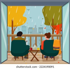 A married couple is sitting on the balcony, drinking tea and looking at the rainy autumn city. Vector illustration.