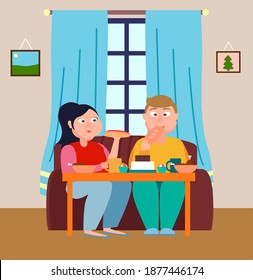 Married couple sitting on the couch and eating delicious hot dogs, cake, pastries, fried chicken, drink drinks. Overeat while at home. Gluttony. Stay home and do your favorite things. Flat image