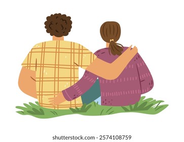 Married couple sitting on grass hugging each other and enjoying rest. Vector family outdoor recreation. Female and male characters watching natural scenery. Husband and wife dating on camping