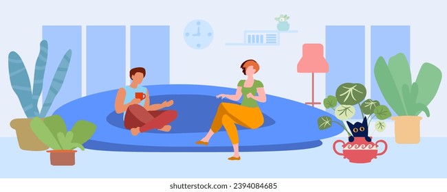 A married couple is sitting on the sofa and talking at living room. Joyful man and woman relaxing spending time together at home. Young family enjoy weekend. Cartoon flat vector illustration