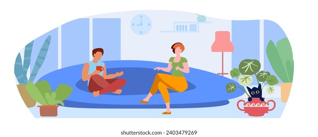 A married couple is sitting on the sofa and talking at living room. Joyful man and woman relaxing spending time together at home. Young family enjoy weekend. Cartoon modern  flat vector illustration