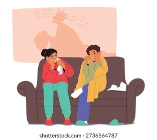 Married couple sitting on sofa crying together while watching tragic historical drama. Characters moved to tears by sad movie scene during weekend pastime at home cartoon vector illustration