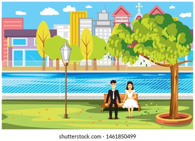 Married couple sitting in the park before the lake in vector illustration