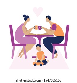 Married couple sitting at the table. Young man and woman holding mugs of coffee. Nearby, a boy plays with a toy car. Family, love, parents, child, son. Flat cartoon vector