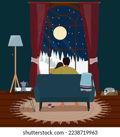 A married couple is sitting at the window, admiring the winter night landscape, drinking tea. Vector illustration.