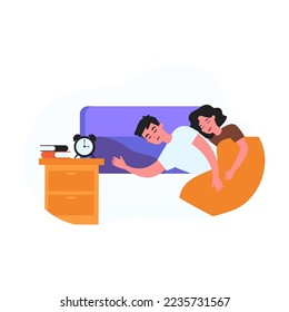 Married couple sleeping in bed. Wife hugging husband, alarm clock on bedside table flat vector illustration. Sleeping, relationship, love concept for banner, website design