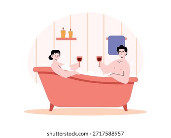 Um casal está passando um tempo juntos na banheira, curtindo a vida. Design de caracteres. Ilustração em plano vetorial