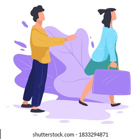 Married couple splitting up, divorce or break up of boyfriend and girlfriend. Woman leaving man behind, lonely male character stretching hands calling female back. Rejection of partner, vector
