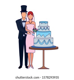 married couple standing around the wedding cake icon over white background, flat design , vector illustration