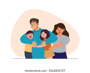 a married couple is standing side by side, while the husband embraces his two children, a boy and a girl.
design, vector, illustration