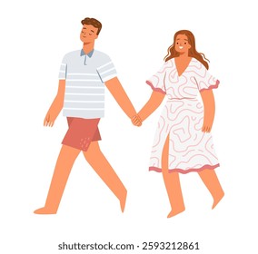 Married couple strolling, people exploring new places and enjoying nature together. Vector summertime activity and leisure, happy romantic couple walking or pairs of men and women on date