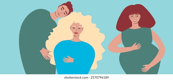 Married couple with surrogate pregnant woman as family planning and in vitro fertilization concept, flat vector stock illustration with IVF