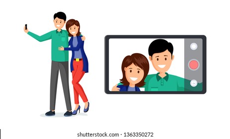 Married couple taking selfie vector illustration. Husband and wife in casual clothes on smartphone screen cartoon characters. Romance, happy young family, romantic date, relationship flat design