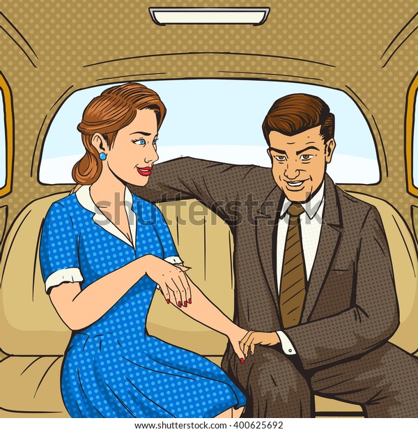 Married couple talking in taxi\
pop art style vector illustration. Human illustration. Comic book\
style imitation. Vintage retro style. Conceptual\
illustration