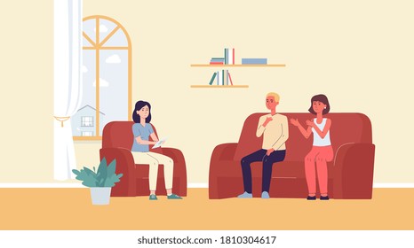 Married couple visiting psychologist for family psychotherapy session, flat vector illustration. Man and a woman share their problems with psychotherapist.