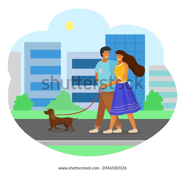 Married couple walking with dog on city street.\
Woman in yellow blouse and blue skirt holds leash, man in brown\
trousers hugs girl by shoulders. Happy family on walk with pet.\
Shapeless frame