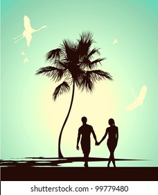 Married Couple Walking On Tropical Island