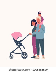 A married couple walks with a stroller and a daughter. Happy parents walk vector