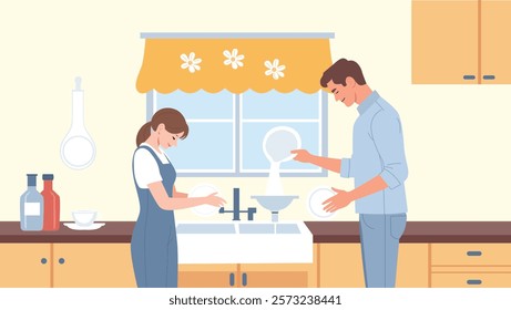 Married Couple Washing Dishes at Home