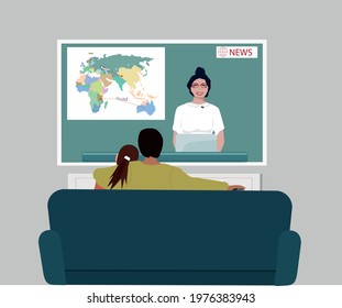 A married couple watches the good news on TV. The concept of TV evening entertainment. Stay at home!  A man and a woman are resting at home. Vector illustration.