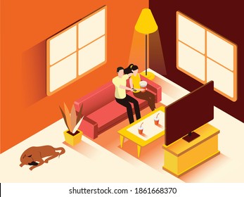 Married couple watching a movie on a big screen sitting on a sofa at home isometric flat vector 3D design