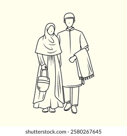 A married couple wearing Muslim couple clothes. Thin line illustration.