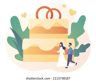 Pareja casada. Boda con un gran pastel de boda. Pequeñas personas cambian el estado civil. Concepto de relación. Condición jurídica. Estilo moderno de dibujos animados planos. Ilustración del vector sobre fondo blanco
