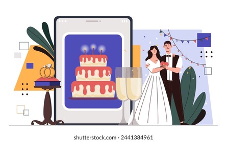 Married couple wedding concept. Man and woman in white dress near cake and champagne. Wedding and marriage ceremony. Love and romance. Bride and groom. Cartoon flat vector illustration