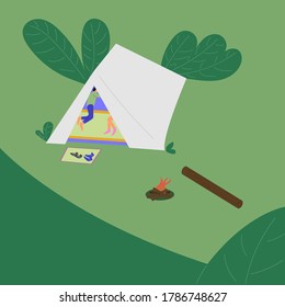 A married couple at the weekend resting in nature in a tent near the fire. Rest in isolation. Happy family on vacation. Vector illustration in ENP10 format.