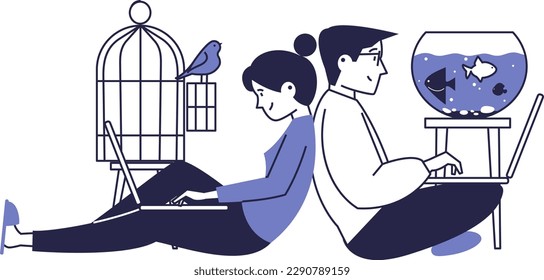 Married couple working together on laptops at home. Vector scene of home life.