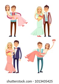 Married couples collection, man holding woman in hands, bride with hairstyle wearing pink dress and groom dressed in suit, vector illustration