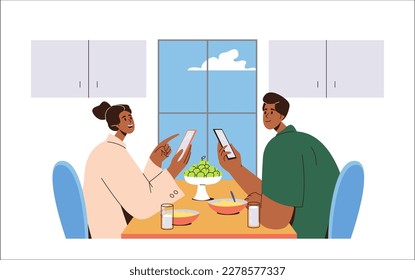 Married family couple using digital gadget spending time at home together vector illustration. Man and woman chatting social network discussing last news while having breakfast. Smartphone addiction