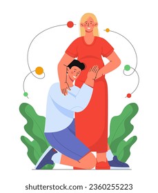 Married happy couple concept. Man and woman with belly. Pregnancy and parenthood. Romance, support and love. Poster or banner for website. Young family. Cartoon flat vector illustration