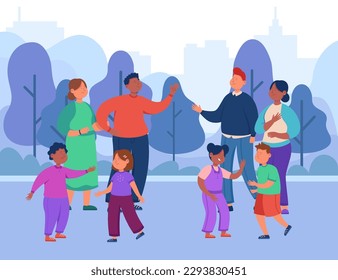 Married interracial couples with kids vector illustration. Cartoon drawing of multiethnic people with multiracial children walking in park. Communication, friendship, diversity concept