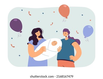 Married Lesbian Couple With Newborn Baby. Happy Woman Holding Child, Balloons And Confetti Flat Vector Illustration. Birth, Family, Love Concept For Banner, Website Design Or Landing Web Page