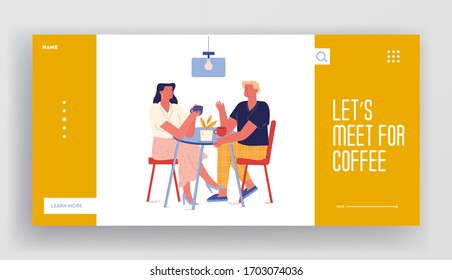 Married or Newlywed Couple Morning Routine Landing Page Template. Young Characters Have Breakfast in Hotel or Home Sitting at Table Drinking Coffee and Communicate. Cartoon People Vector Illustration