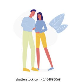 Married Pair Expecting Child Vector Illustration. Future Mother and Father Cartoon Characters. Husband Touching Pregnant Wife Belly. Smiling Couple Standing Together. Young Parents, Parenthood