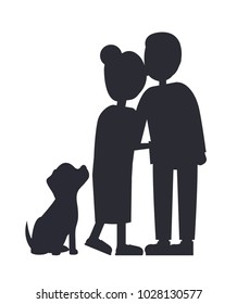 Married people and their puppy, family poster with cute sitting dog, husband and wife black silhouettes, family relationship, vector illustration