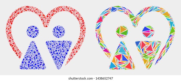 Married persons mosaic icon of triangle elements which have various sizes and shapes and colors. Geometric abstract vector illustration of married persons.