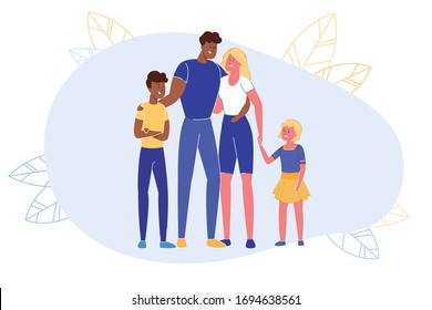 Married Reunion White and Black People, Cartoon. Family in Which Children from Different Parents, Married, Live Together. Dark-skinned Man Holds Hand Son and Hugs his Blond Wife, next to her Daughter.