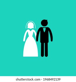 Married or wedding color icon. Man in suit and woman in wedding dress standing and holding hands. Marriage day. Bride and groom. Celebration invitation, engagement theme. Wedding card. Vector EPS 10